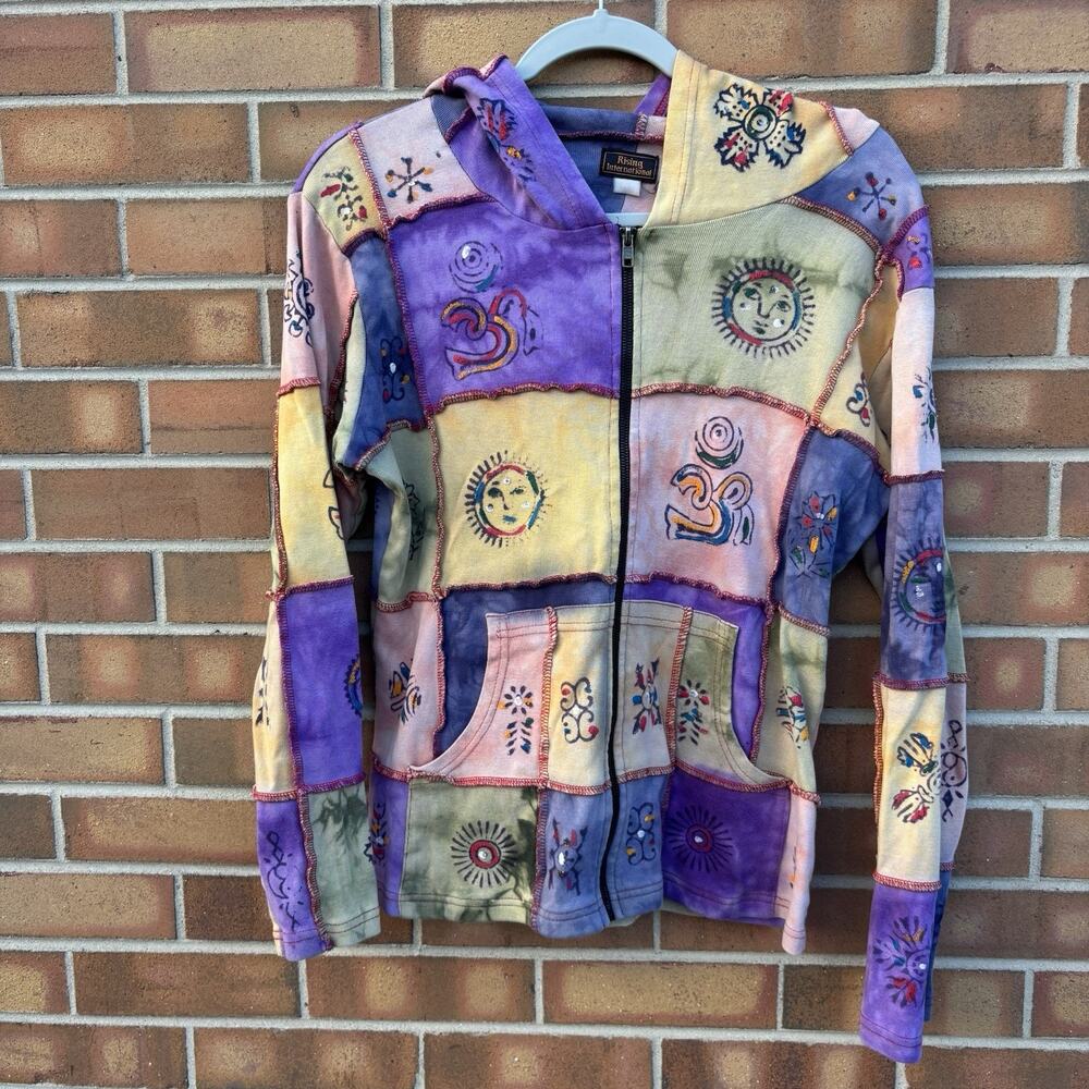 Vintage Rising International Full Zip Up Patchwork Boho Hippie Hoodie Womens Os